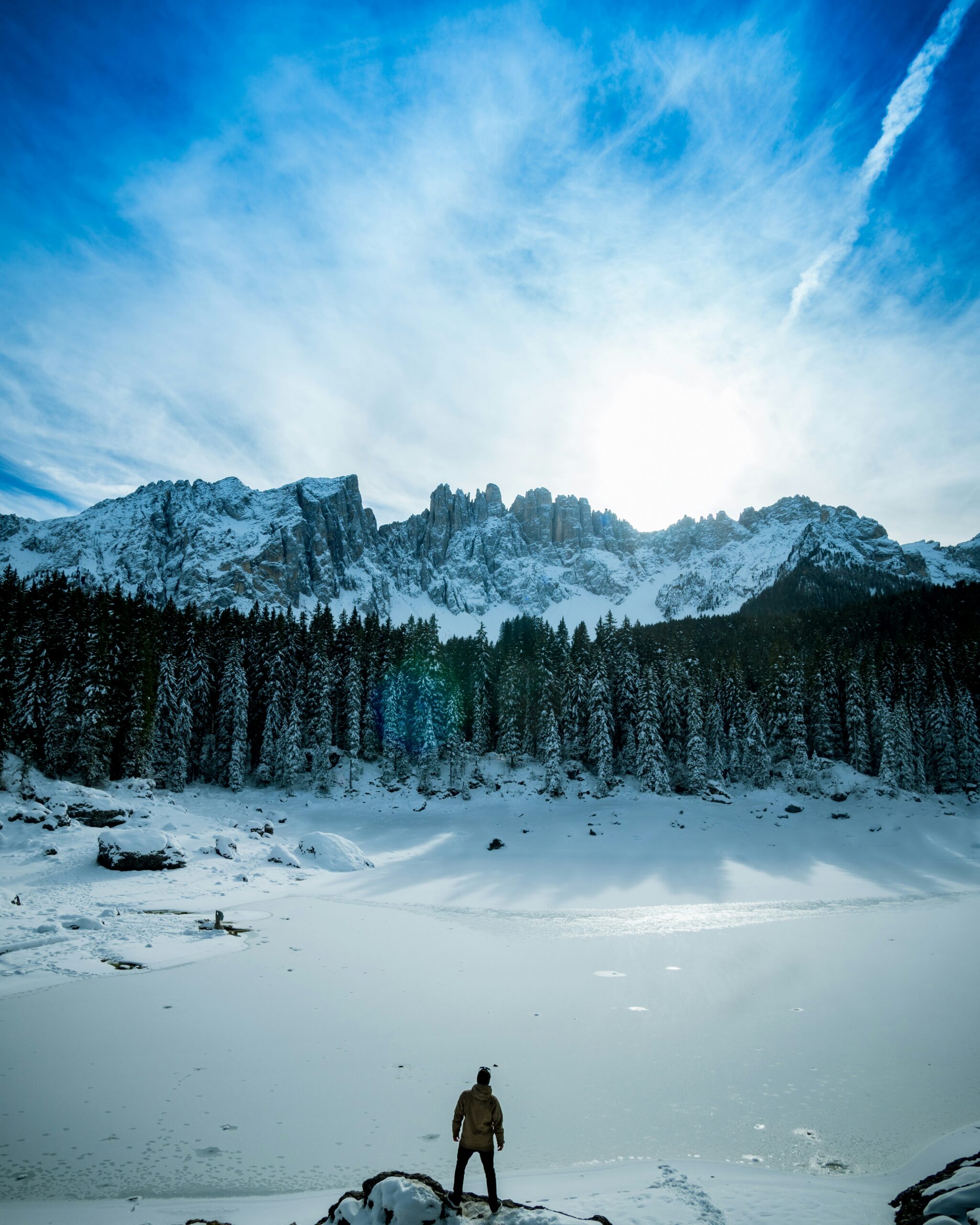 "Alone man standing in a daytime view of icy land "